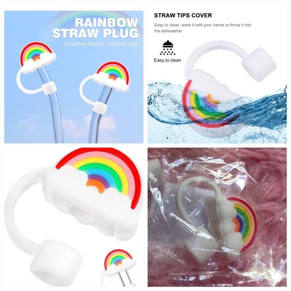 Silicone Straws Tips Cover set of 2! Cartoon Rainbow Reusable Lid Plug Antidust - Picture 2 of 6